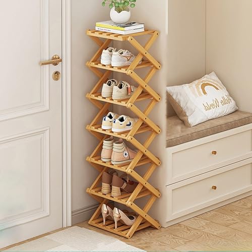 acfeco Schuhregal mit 7 Ebenen, Schuhregal Schmal Holz, Klappbar Schuhregal Bambus, Tragbar Schuhablage Klein Platzsparend für Eingangsbereich, Flur, Wohnzimmer, 26 x 26 x 105 cm, Naturfarben