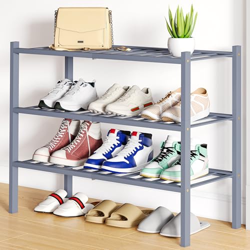 Smiry Schuhregal, 3 Etagen, Bambus-Schuh-Organizer, stabil, stapelbar, freistehend, Holz-Schuhregal für Schrank, Garageneingang, Eingangstür, Eingang, Grau