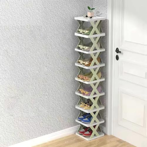 KOCASO Hohes schmales vertikales Schuhregal, 9 Etagen, platzsparendes Schuhregal, Kunststoff, stapelbar, Schuh-Organizer für Eingangsbereich, Wohnzimmer, Tür, Schrank, Schlafzimmer, Ecke, Grün