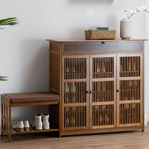 UIHECTA Schuhregal, Freistehendes Schuh Und Stiefelregal, Schuhschrank Aus Bambus, Mit ZauntüR, Grosse KapazitäT, FüR Diele, Wohnzimmer, Schlafzimmer,Flagship,3 Doors