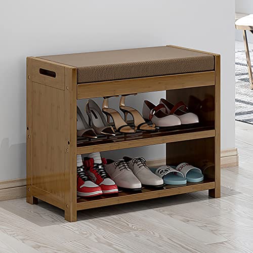 Schuhregal aus Bambus mit Aufbewahrungsschublade, Schuhaufbewahrungsbank mit gepolstertem Sitz, Eingangsbank, Schuhorganisator, Holzregal für Wohnzimmer, Schlafzimmer-Holz 53x29x46cm(21x11x1