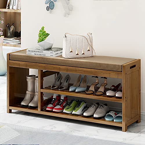 Rustikalen Eingangsbereich Schuh Sitzbank Mit Stauraum,Bambus Schuh-rack Sitzbank Schuh-organizer,Braun Bauernhaus Schuhbank Mit Gepolsterte Sitz Für Eintrag Schrank Wohnzimmer-C 102x29x46cm(40x11x18i