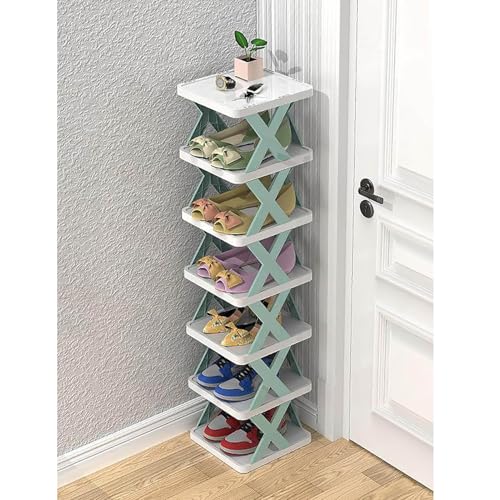 Nizer Vertikales Schuhregal, stapelbar, freistehend, Aufbewahrungsschrank für Eingangsbereich, Ecke, Flur, Kunststoff, platzsparend, Blau (26 cm B x 24 cm T x 98 cm H 7 Etagen)