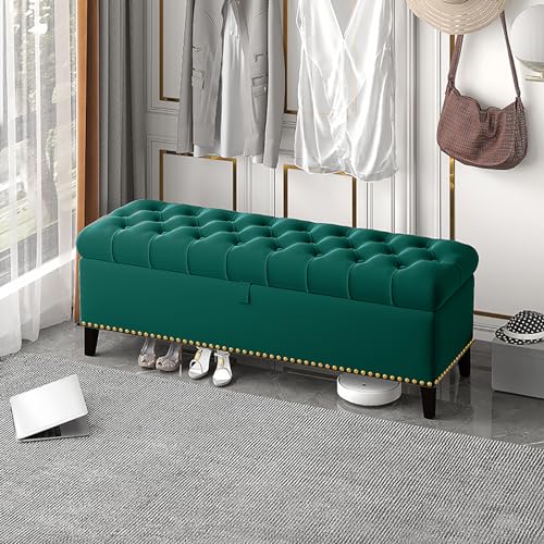 Nileco Gepolsterte Ottomane-Bank mit Stauraum Aus Samt, Schuhbank für Den Eingangsbereich, Bequeme Bettbank mit Metallbeinen für Schlafzimmer, Wohnzimmer(100x40x45cm(39x16x18inch), Green)