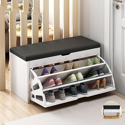 Stilvoller weißer Holz-Schuhschrank – freistehendes Schuhregal für den Eingangsbereich mit Ablagefach oben, versteckter Schublade und offenen Regalen – perfekt für Wohnzimmer, Flur und Wohnung (60 cm)
