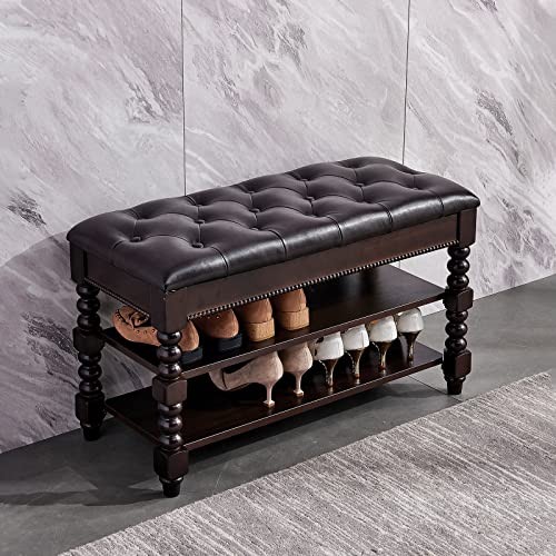 HOOTSMALL Schuhaufbewahrungsbank mit Kissen, Eingangsbank mit Stauraum, Massivholz, Schuhbank, ideal für Eingangsbereich, Wohnzimmer und Korridor (Walnuss, 80 cm)