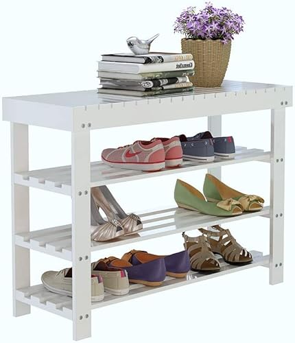 Schuhregal mit 4 Ebenen, Aufbewahrungsbank, Holzschuhbank, europäischer Stil, Holz, Eingangsbank, Schuhregal, für Wohnzimmer und Korridor, Weiß (Größe: 60 x 29 x 60 cm)