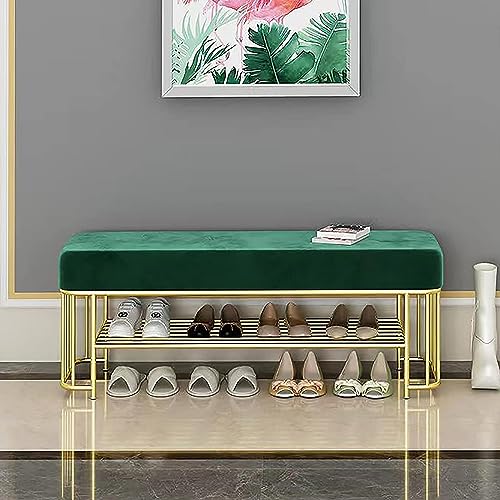 CATANK Luxuriöse Schuhregal-Bank, Eingangsbank, Moderne Schuhaufbewahrungsbank mit goldenem Schuhregal, Bequeme, mit Samt gepolsterte Schuhbank, Schuh-Organizer, Grün, 60 x 30 x 45 cm (24