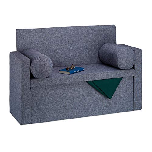 Relaxdays Sitzbank mit Lehne, 2 Kissenrollen, faltbar, Aufbewahrung, gepolstert, Flur, Sitztruhe 47 x 115 x 75 cm, Grau