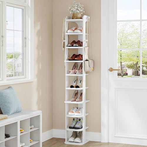 Hzuaneri Schuhregal, Schmales Schuhablage mit 10 Ebenen, Holz-Schuh-Organizer mit Haken, Verstellbar, Platzsparend, Geeignet für Eingang, Flur, Wohnzimmer, Weiß SR21003X