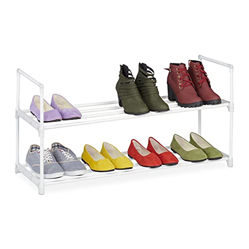 Relaxdays Schuhregal, 2 Ebenen, Stecksystem, 8 Paar Schuhe, Flur, erweiterbar, Metall & Kunststoff, Schuhablage, weiß, 10036200_347