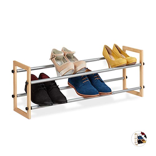 Relaxdays Schuhregal ausziehbar, offener Schuhständer mit 2 Ebenen, Holz & Eisen, erweiterbar bis 118 cm Breite, Natur