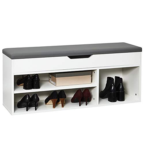 Meerveil Schuhbank aus E1 Holzspanplatte, Aufklappbare Schuhschrank mit Sitzkissen, Flur Schuhregal 104 x 45 x 30 cm (Weiß), H1071SB02WT, 104D x 30W x 45H cm