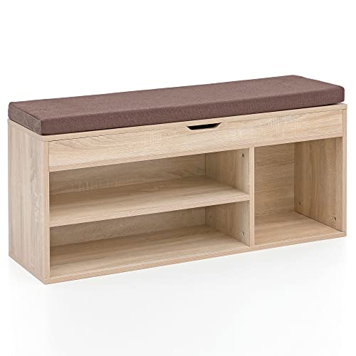 möbelando Schuhbank WL5.344 mit Sitzfläche Garderoben-Bank Holz 104x51x32 cm Sonoma | Holzbank klein gepolstert | Sitzbank schmal Flur mit Stauraum | Truhenbank Schuhtruhe Flurmöbel