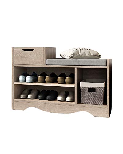 Schuhbank mit Sitzkissen Schuhregal mit Schublade Sitzbank Flur Schuhablage Schuhkommode Lowboard Garderobe Möbel Rack Kissen Polster Flurschrank-Organizer für Eingangsflur und Wohnzimmer (Holzfarbe)