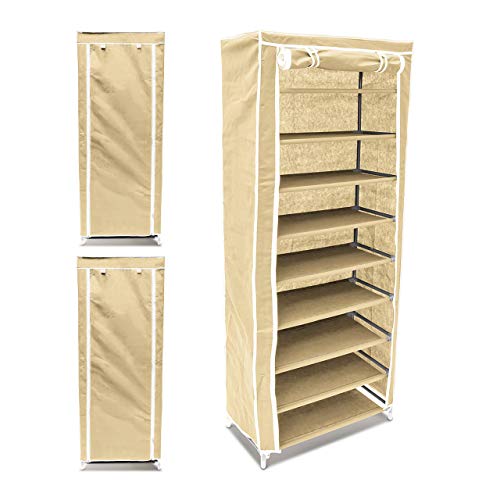 Relaxdays 3 x Schuhschrank, 9 Ablagen, Faltschrank für 36 Paar Schuhe, Stoffschuhschrank, HBT: 151 x 60 x 30 cm, beige