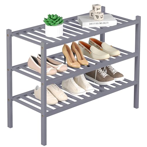 ROMGUAR CRAFT Schuhregal aus Bambus mit 3 Etagen, freistehend, Holz-Schuhregal, Aufbewahrung, Organizer für den Eingangsbereich, kleiner Raum, stapelbar, 68,6 x 27,9 x 50,8 cm, Grau