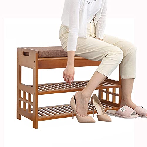 DODOBD Schuhschrank Mit Sitzbank aus Bambus,Schuhbank mit Sitzfläche, Schuhregal mit Stauraum 2 Tier Schuhtruhe Sitzkissen Schuhwechsel Hocker Flur Wohnzimmer 70x29.5x49cm, Platzsparend