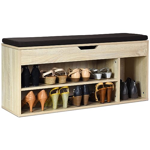 COSTWAY Schuhbank mit Sitzfläche und Stauraum, 104 x 30 x 48 cm, Garderobenbank Schuhregal Holz, Schuhablage Schuhschrank aufklappbar, Sitzbank mit Regal, Sitzkissen (Braun)