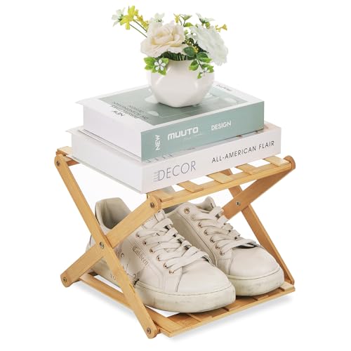 Fentar Kleines Schuhregal Schmal, Schuhregal Bambus Schuh Organizer, 2 Faltbar Mini Schuhregal, Holz Schuhständer, Faltbar Schuhaufbewahrung Platzsparend für Eingang Schlafzimmer Ecke