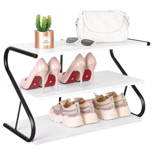 FEUFOAM Schuhregal aus Holz mit Stahlrahmen, S-Form, Schuhregale für Schrank, 3-stöckig, weiße Holzmaserung, Schuhaufbewahrung, Organizer für Haustür, Eingang, Eingangsbereich, Flur