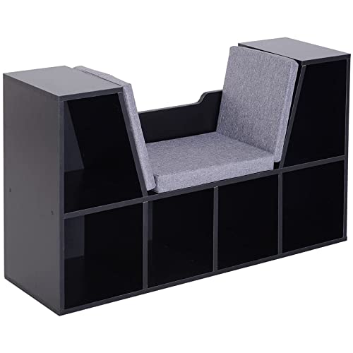 HOMCOM Bücherregal mit Sitzhocker Sitzbank Sitzbänke & -truhen mit 6 Stauräumen für Aufbewahrung Sitzbar mit Kissen Spanplatte Schaumstoff Leinen Schwarz+Grau 102 × 30 × 61 cm