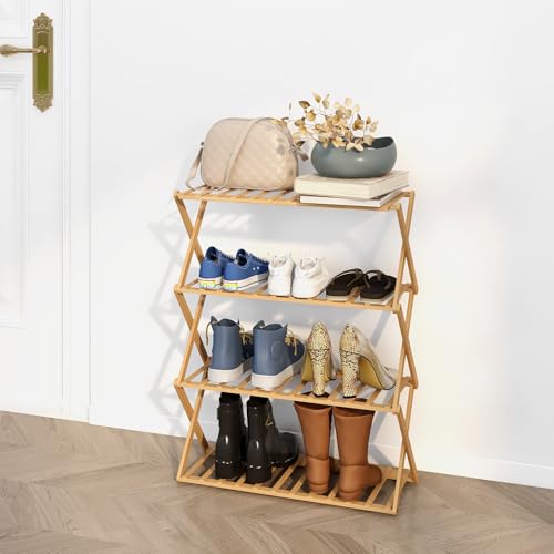 Trintion Schuhregal, 50×70cm Faltbares Schuhregal Aus Bambus Mit 4 Ebenen, 12 Paar Schuhe Schmal, Holz, Platzsparend Schuhablage