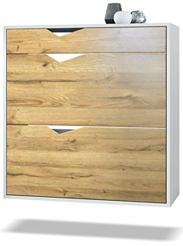 Vladon Schuhschrank Kolmio 85 x 87 x 33 cm, Made in Germany, Korpus in Weiß matt, Fronten in Eiche Natur | Große Farbauswahl