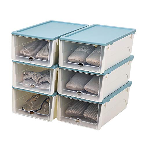 Hkw-shop Schuhregal/Schuhablage Schubladentyp stapelbar Kunststoff Schuhregal Tragbare Schuhablage und Sortierbox Transparente Tür 6-teilig Schuhspeichermanager (Color : Blue)