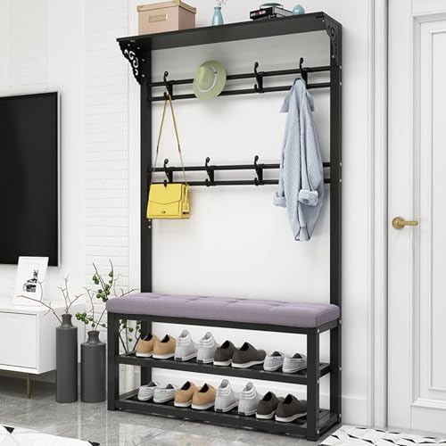 3-in-1 Eingangsgarderobe Garderobe Hallenbaum mit Schuhbank Bank Freistehende Kleidung Hut Rack Mit Metallrahmen Eingang Aufbewahrungsregal Organizer Für Flur Eingang Wohnzimmer (Größe:60.30.172cm)