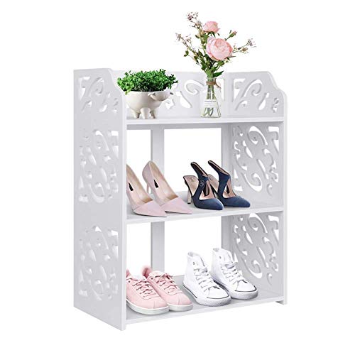 Schuhregal 3 Etagen, Holz Schuhablage Schuhschrank Ständer Regal Barock Stil Bücherregal Standregal Schuhständer für Flur Eingang weiß Badezimmer Küche Wohnzimmer