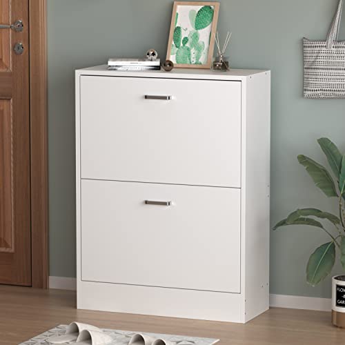Generisch Schuhschrank mit 2 Klappschubladen, 2-stufiges Schuhregal aus Holz für Eingangsbereich, Flur und Schlafzimmer, weiß (23,6  L x 9,4  B x 31,4  H)