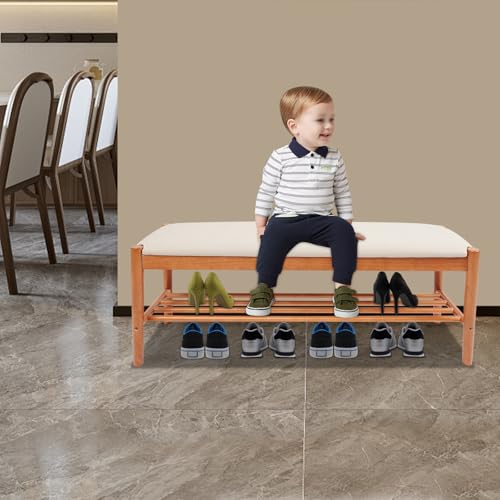 YISSALE Schuhbank aus Bambus,Schuhregal mit 2 Ebenen, Schuhorganizer mit Sitzfläche,Gemütliches Sitzpolster,für Eingangsbereich, Wohnzimmer (Kirsche Holz Farbe)