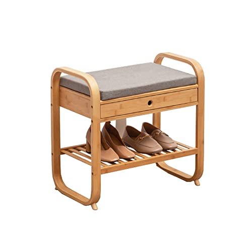 Schuhbank mit Sitzkissen und Schublade Sitzbank,Schuhregal aus Bambus perfekt für Flur, Schlafzimmer und kleine Räume
