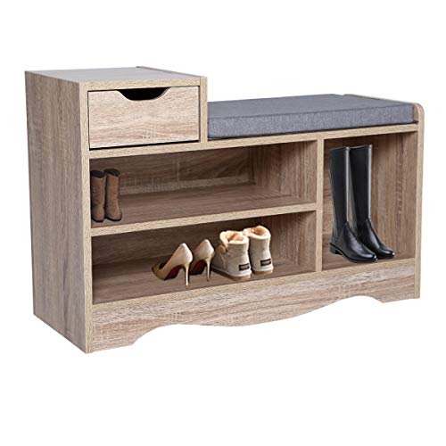 Wonderhome Holzschuhbank Schuhregal Organizer für Flurschränke mit Sitzkissen und Schubladen für Flur und Wohnzimmer(Holz(2))