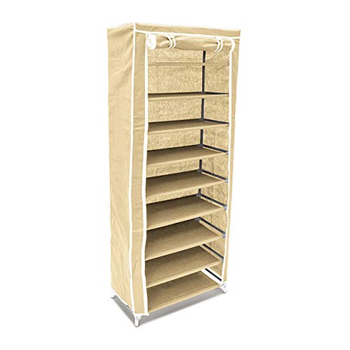 Relaxdays 1 x Schuhschrank, 9 Ablagen, Faltschrank für 36 Paar Schuhe, Stoffschuhschrank, HBT: 151 x 60 x 30 cm, beige