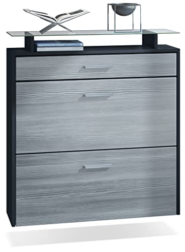 Vladon Schuhschrank Malea, hängender Schuhkipper für 16 Paar Schuhe mit 2 Klappen und 1 Schublade und Glasablage, Schwarz matt/Avola-Anthrazit (89 x 96 x 23 cm)