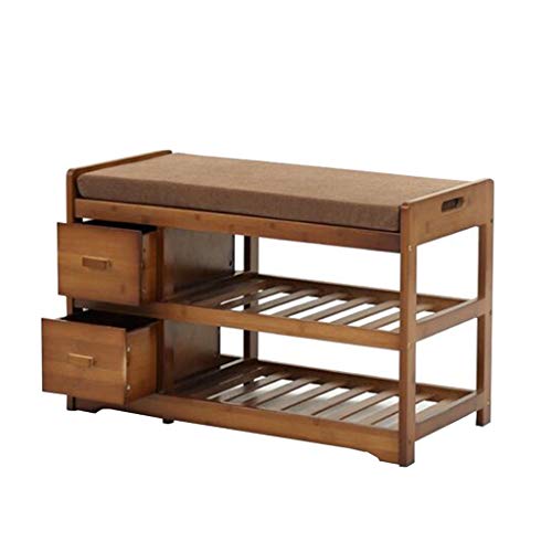 2-Tier Schuhregal Braun Speicherbank Regale Organizer Stiefel Regal Natürliche Bambus Holz mit Kissen Schublade Spart Platz (70X33,5X45 cm)