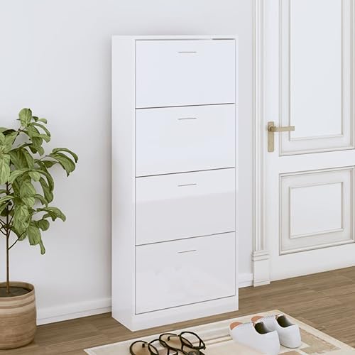 Rantry Schuhregal Weiß glänzend 63 x 24 x 147 cm aus mehrschichtigem Holz, Schuhregal Organizer für Schuhe, platzsparende Aufbewahrung für den Flur