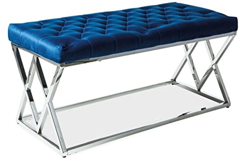 Casa Padrino Luxus Sitzbank Marineblau/Silber 100 x 48 x H. 46 cm - Gepolsterte Samt Bank mit verchromtem Edelstahl Gestell - Wohnzimmer Möbel