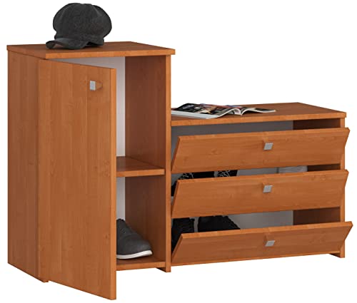 BDW - Schuhschrank - Kommode - Sitzbank mit Stauraum - mit 3 Klapptüren - Schuhkipper - Dielen- & Flurmöbel - Kommodenschrank - Schuhregal - Flurschrank - Modern - Klein - Erle