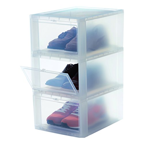 Iris Ohyama, 3er-Set Schuhboxen, 14 L, bis 47-48, stapelbar, Schlafzimmer, Kleiderschrank, Flur - Drop Front Shoe Box EUDF-M - Transparent