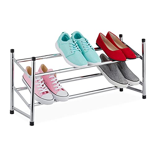 Relaxdays Schuhregal ausziehbar, 2 Ebenen, 10 Paar Schuhe, Metall & Kunststoff, H x B x T: 36 x 63-115 x 23 cm, Silber