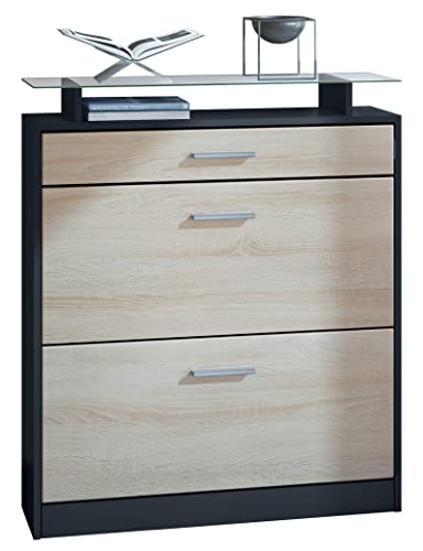 Vladon Schuhschrank Loret, Schuhkipper für 16 Paar Schuhe mit 2 Klappen und 1 Schublade und Glasablage, Schwarz matt/Eiche Sägegrau (89 x 104 x 23 cm)