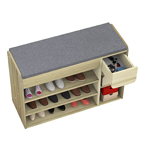 PIPIPOXER Schuhschrank Schuhbank mit Sitzbank und Sitzkissen, Sitzbank mit Sitzfläche,Schublade und offenen Fächern,Schuhregal mit Schublade unter Sitzfläche für Flur & Eingang 80x30x58cm Holz Farbe