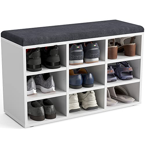 KOMTO Schuhbank mit Sitzfläche - Schuhregal Weiß 80 x 50 x 30 cm Schuhschrank mit Sitzbank Flur Bank mit Stauraum Garderobenbank Sofia