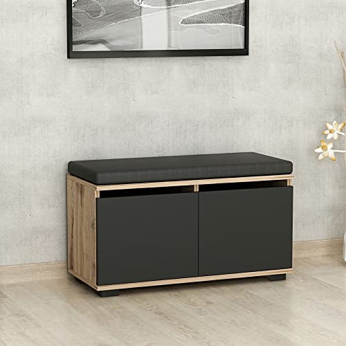 [en.casa] Schuhbank Brande mit 4 Ablagefächer Sitzbank mit Sitzfläche 42 x 80 x 35 cm Schuhschrank mit Sitzkissen Eiche/Schwarz