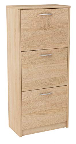 MATKAM Schuhschrank aus Holz 3S, in Schlichter Optik, B 50 x H 116 x T 28 cm, laminierte Möbelplatte 16 mm, mit Rückwand, 3 ausklappbare Schuhablagen (Sonoma Eiche)