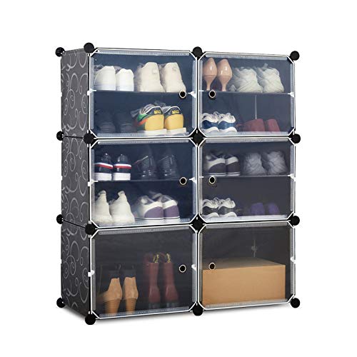 Meerveil Schuhschrank, Kunststoff Schuhablage mit 6 Fächer und 2 Reihen, DIY Schuhregal, Multifunktionaler Speicher, 83 * 31 * 93cm (Schwarz)