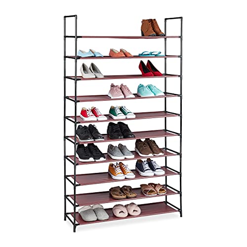 Relaxdays XXL Schuhregal Stecksystem, 10 Ebenen, für 50 Paar Schuhe, Stoff Schuhständer HBT 176,5x99x29,5 cm, Bordeaux
